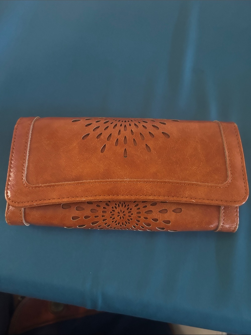 Women's Tan Fold-Over Clutch Wallet with Floral Laser-Cut Design